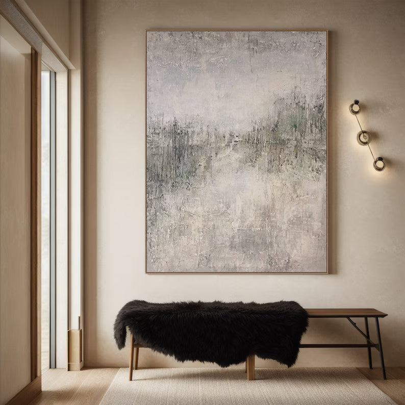 Mist of Morning – Neutral Textured Abstract Wall Art in Soft Beige and Grey Green#AB14040
