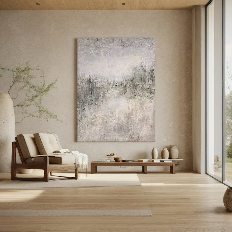 Mist of Morning – Neutral Textured Abstract Wall Art in Soft Beige and Grey Green#AB14040