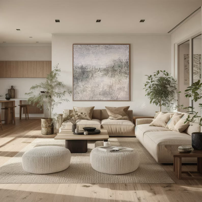 Mist of Morning – Neutral Textured Abstract Wall Art in Soft Beige and Grey Green#AB14040