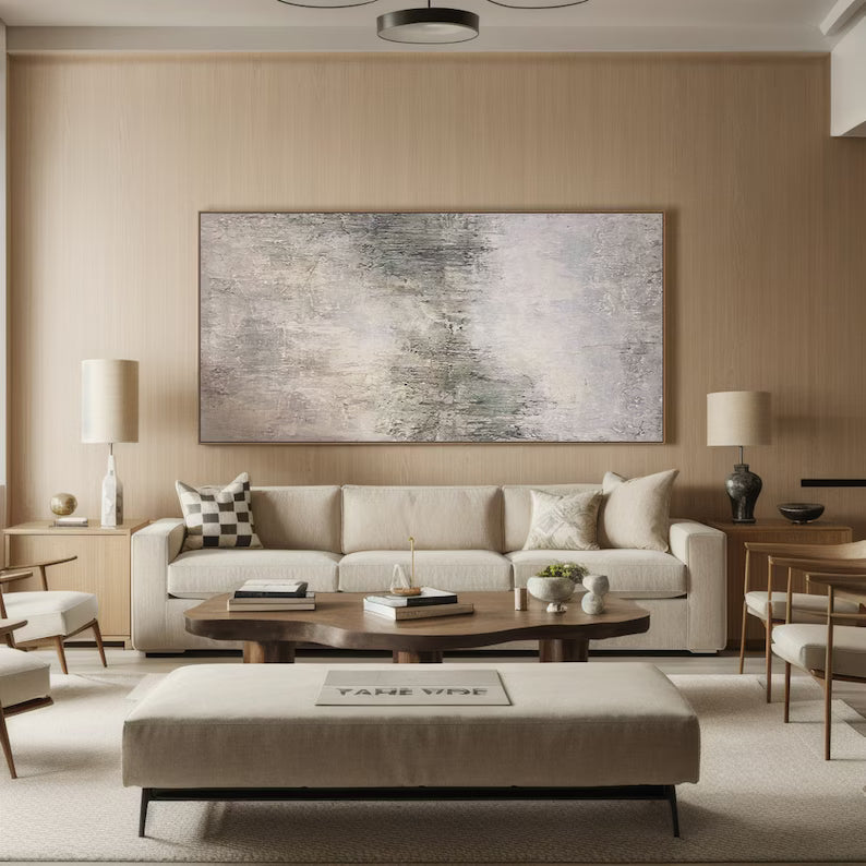 Mist of Morning – Neutral Textured Abstract Wall Art in Soft Beige and Grey Green#AB14040