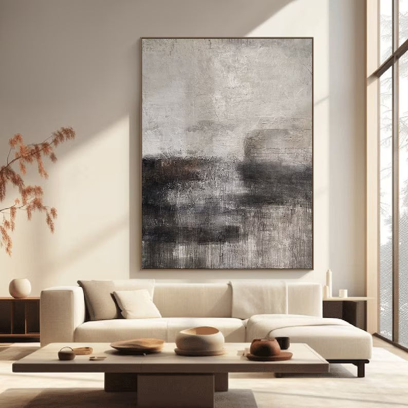 Shadowed Calm – Neutral Textured Abstract Wall Art in Charcoal and Beige#AB14042