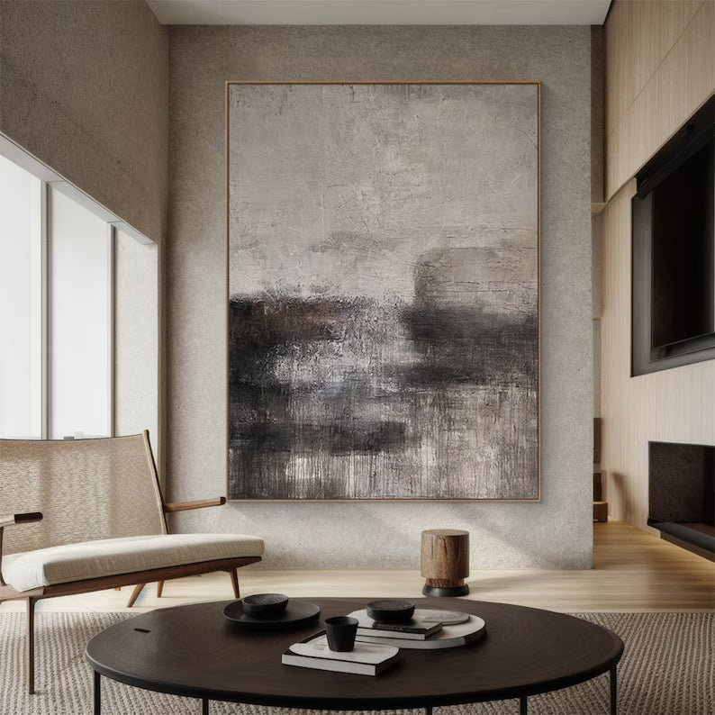 Shadowed Calm – Neutral Textured Abstract Wall Art in Charcoal and Beige#AB14042
