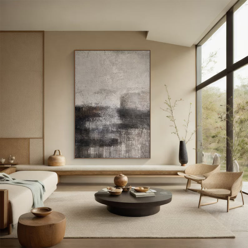 Shadowed Calm – Neutral Textured Abstract Wall Art in Charcoal and Beige#AB14042