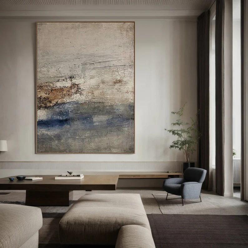Coastal Silence – Large Textured Abstract Wall Art in Earth Tones and Blue#AB14044