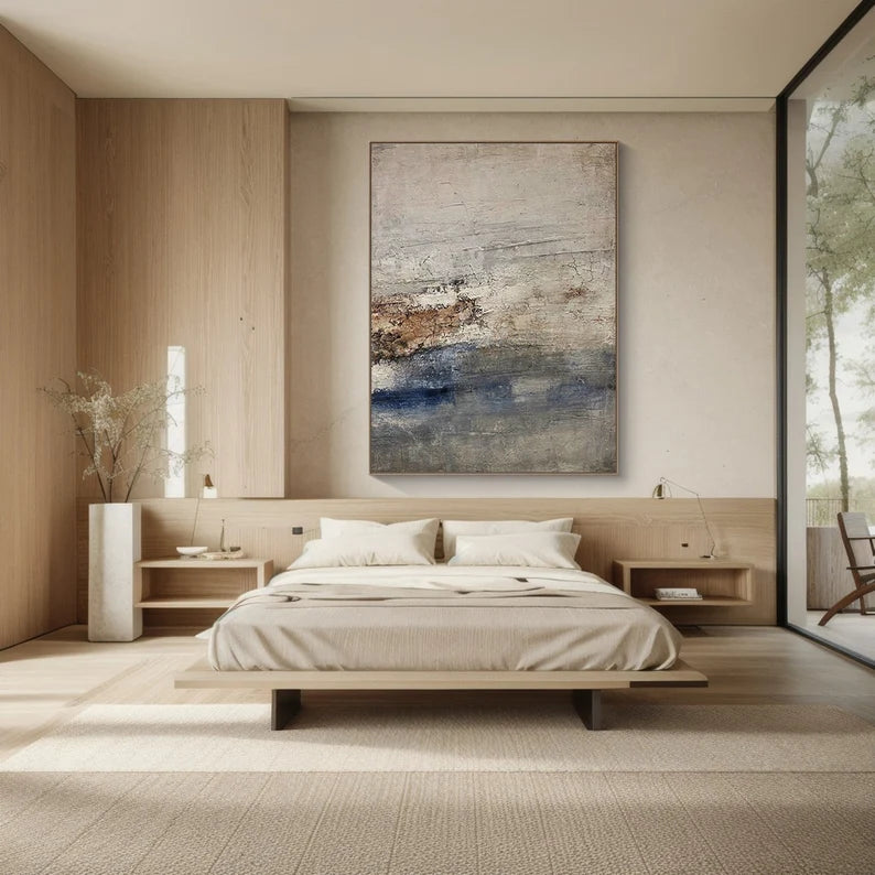 Coastal Silence – Large Textured Abstract Wall Art in Earth Tones and Blue#AB14044