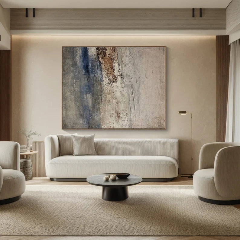 Coastal Silence – Large Textured Abstract Wall Art in Earth Tones and Blue#AB14044