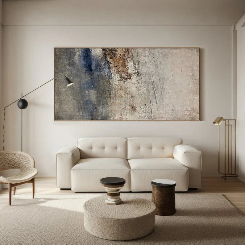 Coastal Silence – Large Textured Abstract Wall Art in Earth Tones and Blue#AB14044