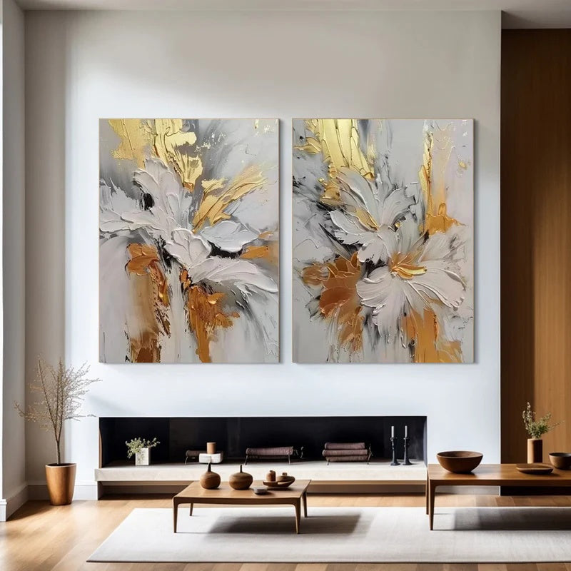 Textured Abstract Floral Diptych Wall Art for Modern Interiors – Quiet Bloom#AB14118