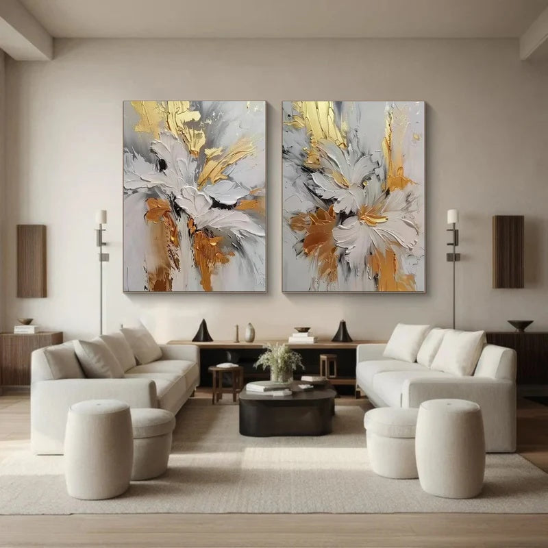 Textured Abstract Floral Diptych Wall Art for Modern Interiors – Quiet Bloom#AB14118