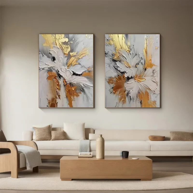 Textured Abstract Floral Diptych Wall Art for Modern Interiors – Quiet Bloom#AB14118
