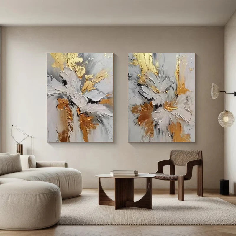 Textured Abstract Floral Diptych Wall Art for Modern Interiors – Quiet Bloom#AB14118