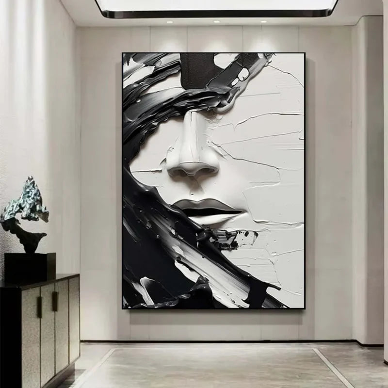 Monochrome Muse – Textured Abstract Face Canvas#AB0519007