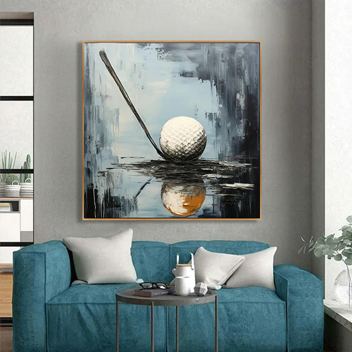 Golden Moment Golf Art Canvas-Abstract Texture Oil Painting Wall Art With Golf Theme