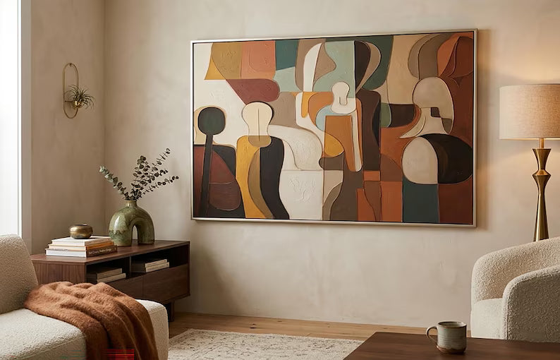 Mid Century Abstract Figures Painting – Earth Tone Wall Art#yy260618-1