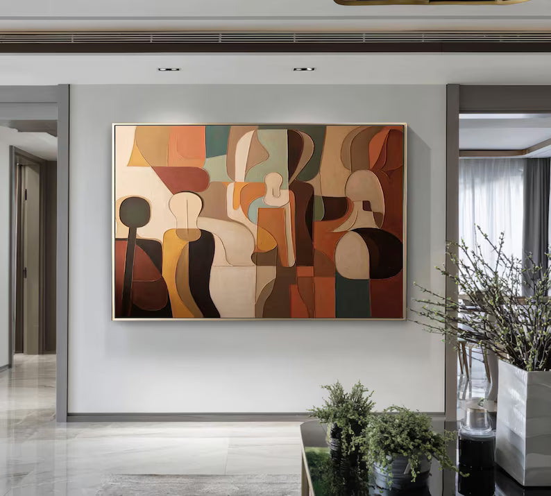 Mid Century Abstract Figures Painting – Earth Tone Wall Art#yy260618-1