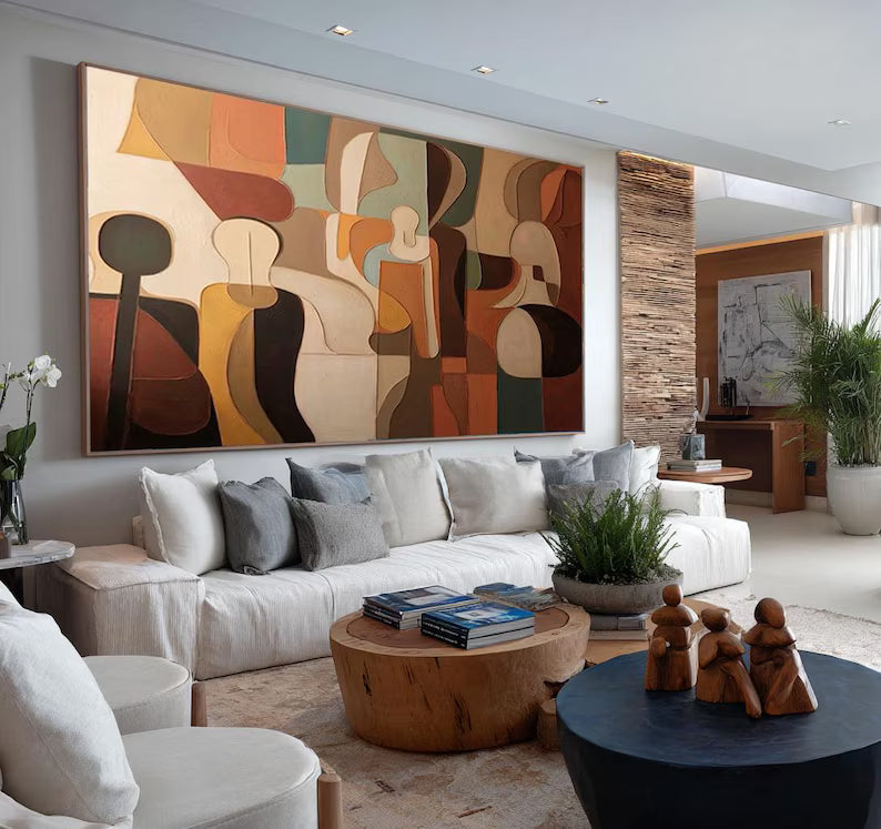 Mid Century Abstract Figures Painting – Earth Tone Wall Art#yy260618-1