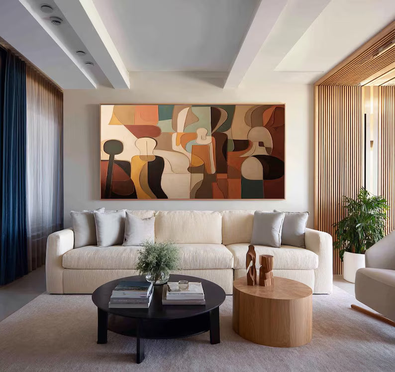 Mid Century Abstract Figures Painting – Earth Tone Wall Art#yy260618-1
