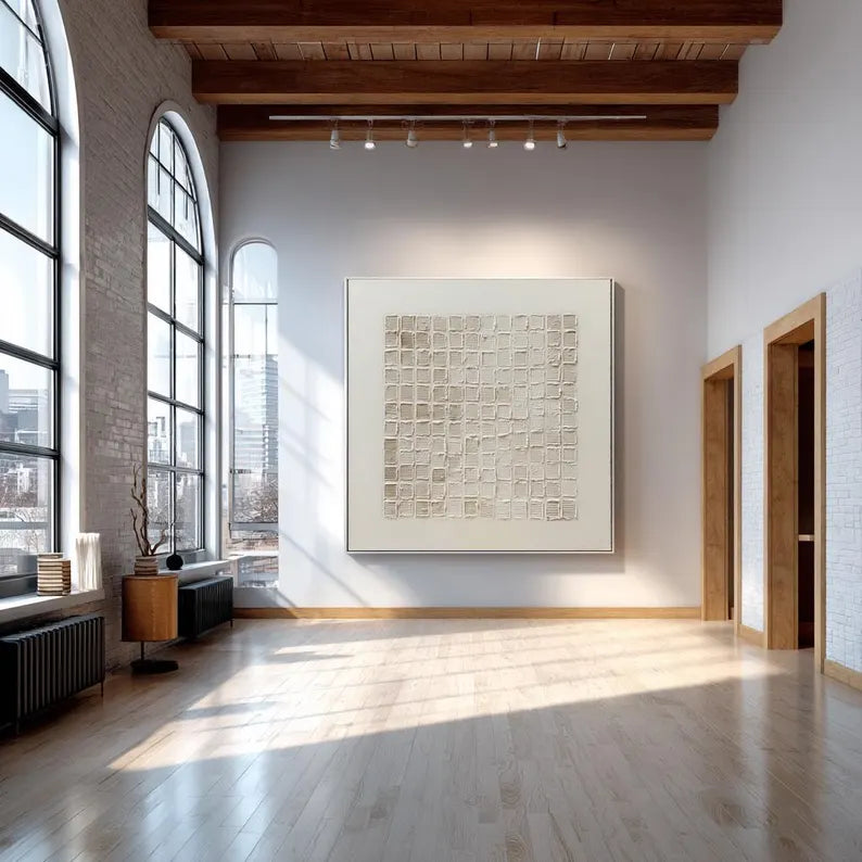 Neutral Textured Grid Painting – Minimalist Geometric Wall Art#yy260618-3