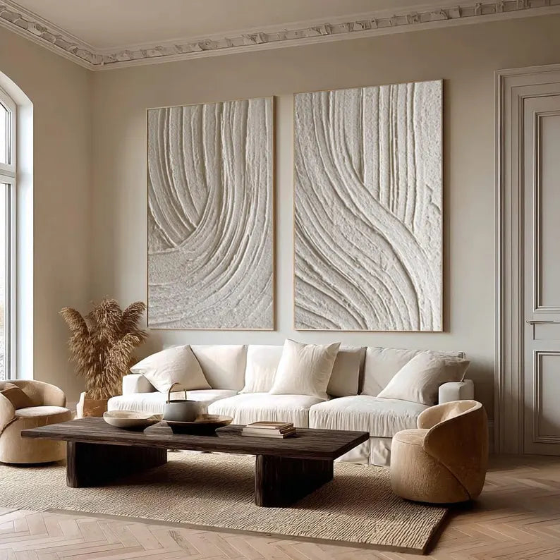 Ivory Rhythm Textured Diptych – Neutral Minimalist Wall Art#yy260618-4