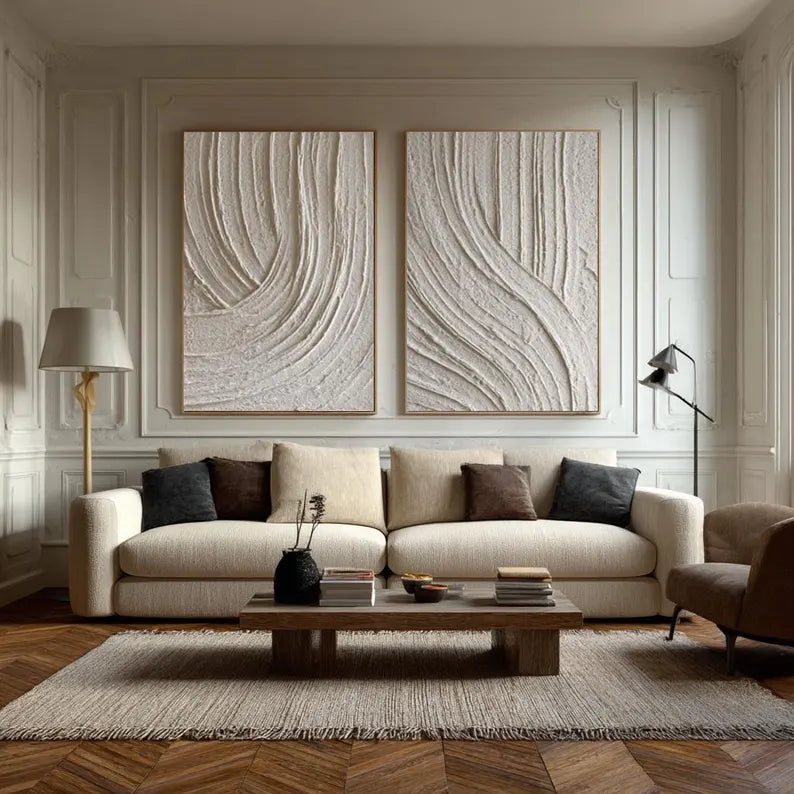 Ivory Rhythm Textured Diptych – Neutral Minimalist Wall Art#yy260618-4