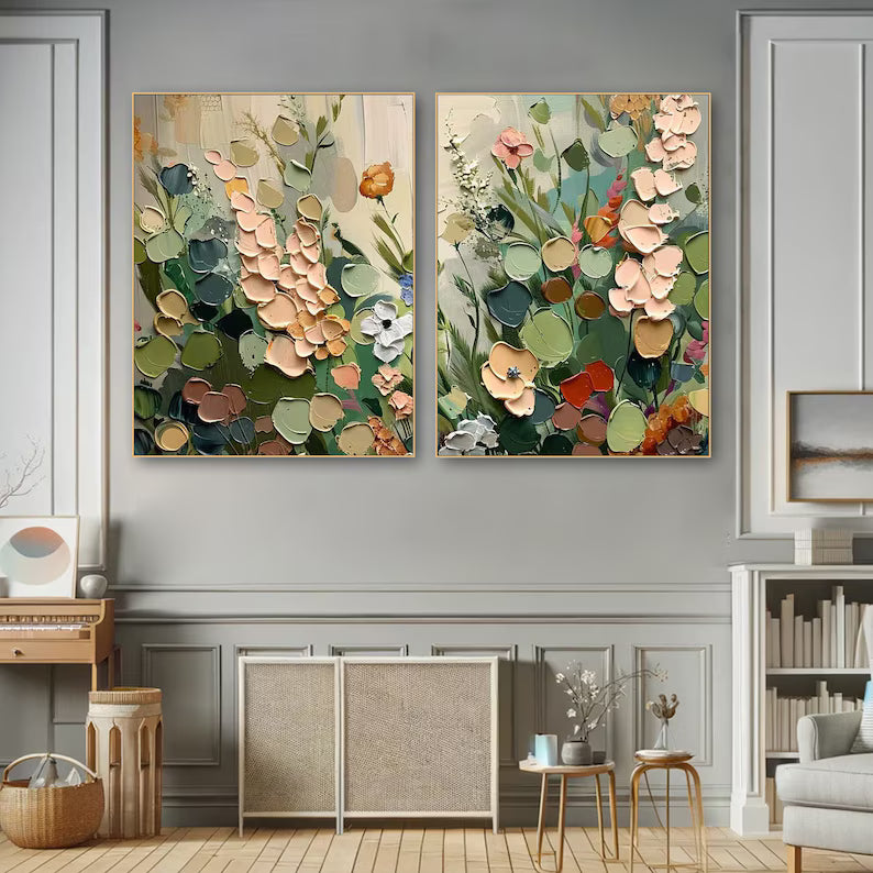 Sage Green Floral Diptych – Textured Botanical Wall Art#yy260618-7