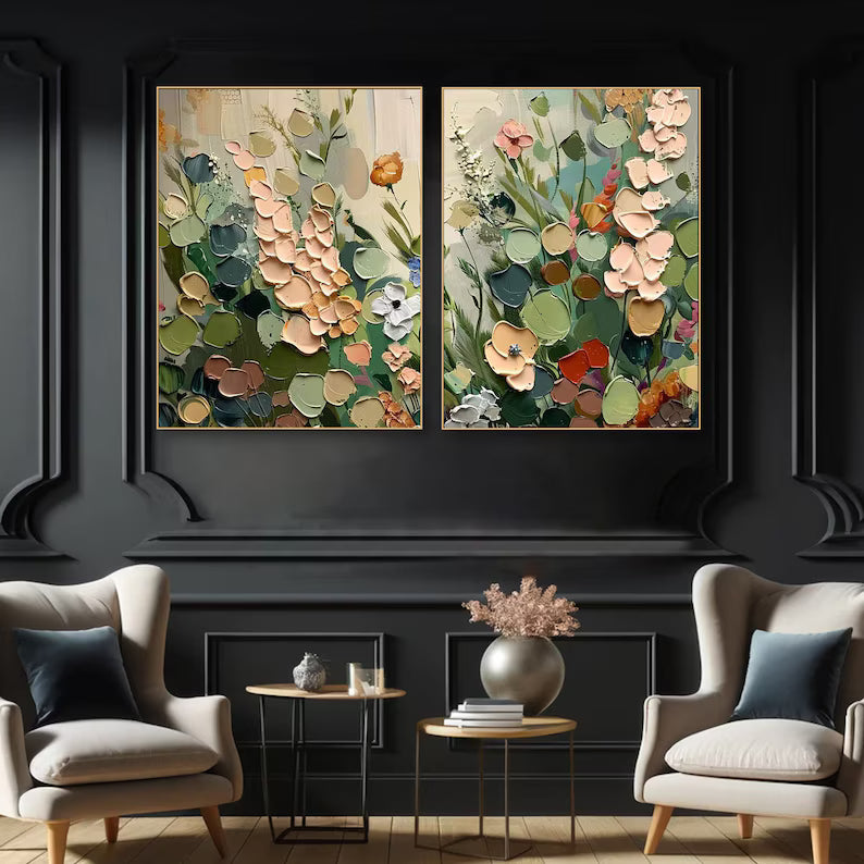 Sage Green Floral Diptych – Textured Botanical Wall Art#yy260618-7