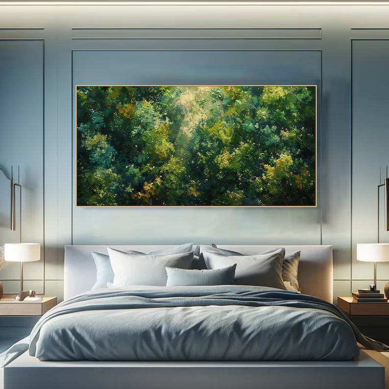 Sunlit Forest Landscape Painting – Green Woodland Wall Art#yy260618-8