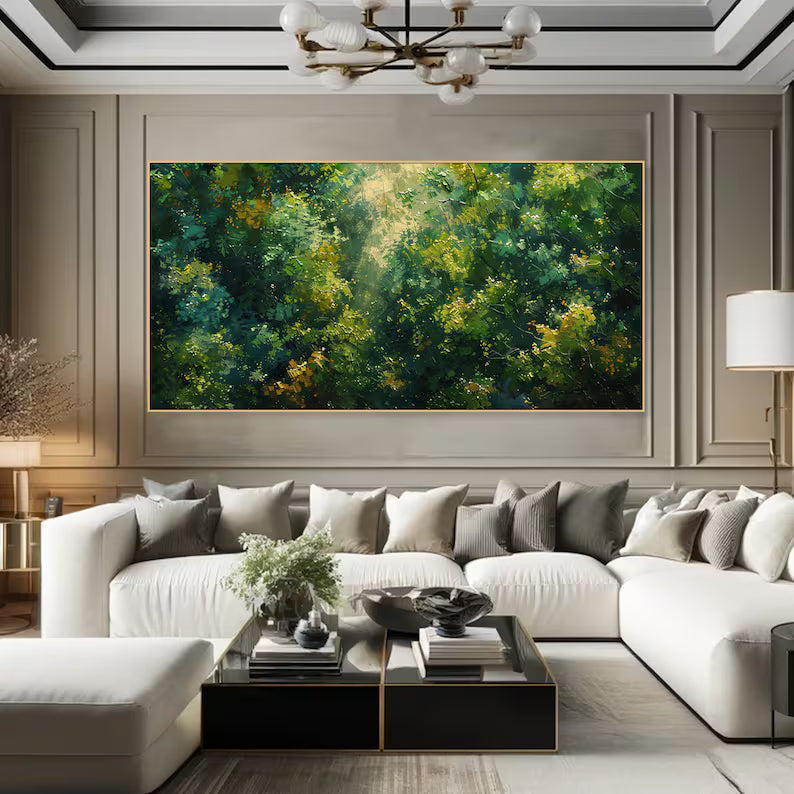 Sunlit Forest Landscape Painting – Green Woodland Wall Art#yy260618-8