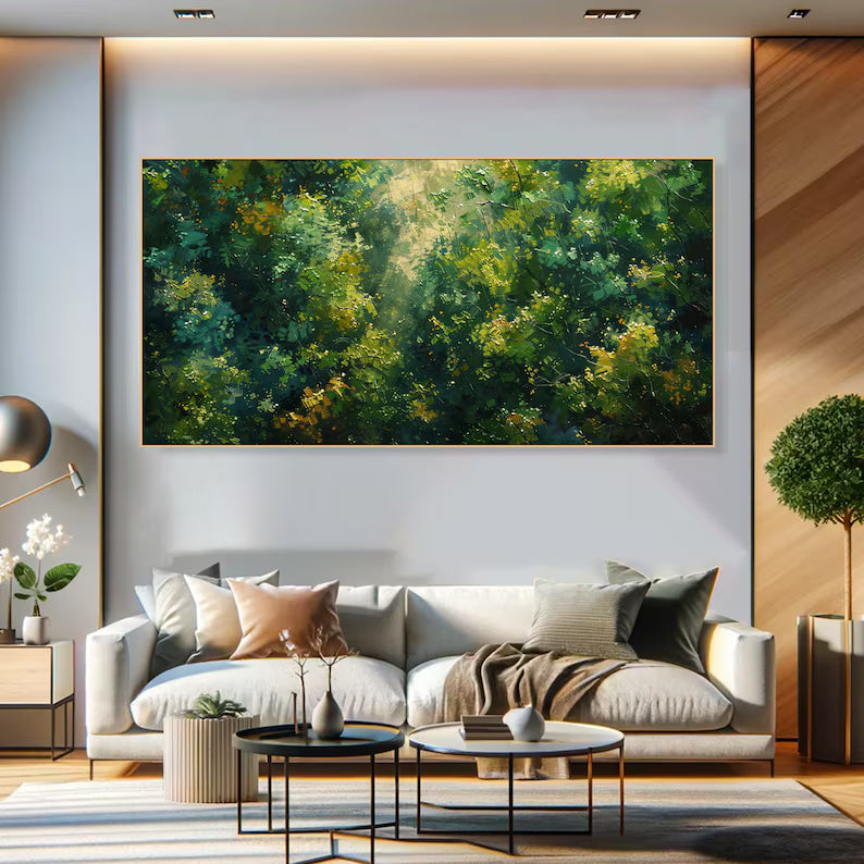 Sunlit Forest Landscape Painting – Green Woodland Wall Art#yy260618-8