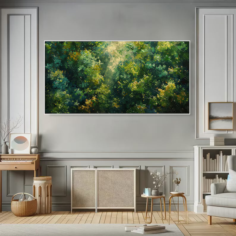 Sunlit Forest Landscape Painting – Green Woodland Wall Art#yy260618-8