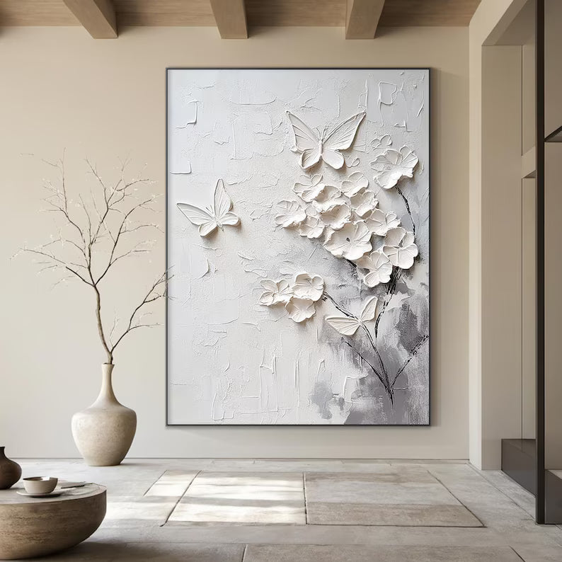 White Textured Floral and Butterfly Wall Art#yy260618-a-09