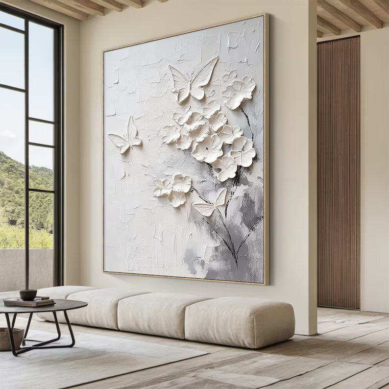 White Textured Floral and Butterfly Wall Art#yy260618-a-09