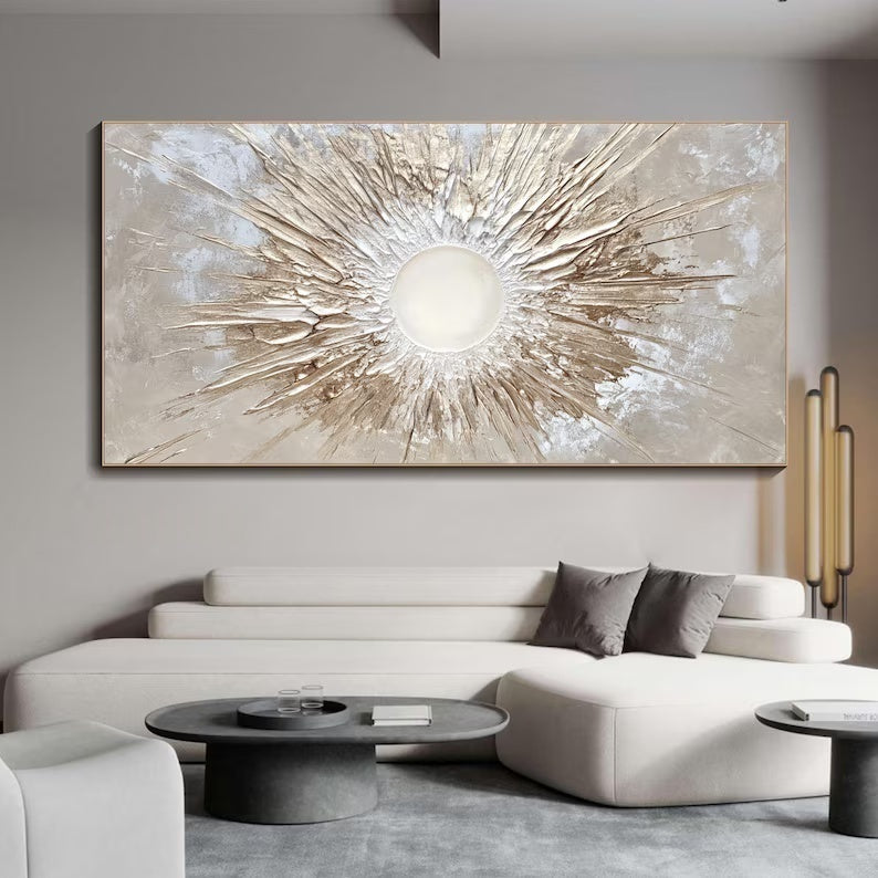 Abstract Sunburst Wall Art – Textured Gold Radiance Painting#yy260623004
