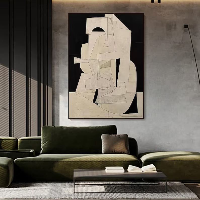 Abstract Cubist Wall Art – Beige Minimal Geometric Relief Painting#yy260623008