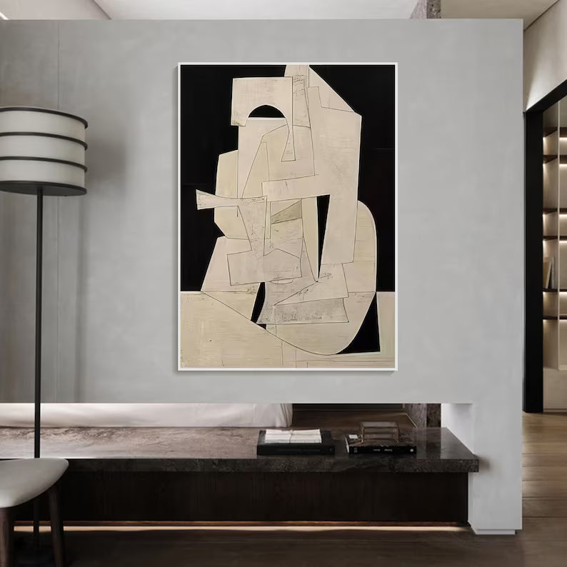 Abstract Cubist Wall Art – Beige Minimal Geometric Relief Painting#yy260623008
