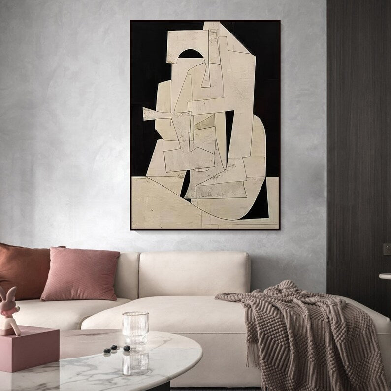 Abstract Cubist Wall Art – Beige Minimal Geometric Relief Painting#yy260623008