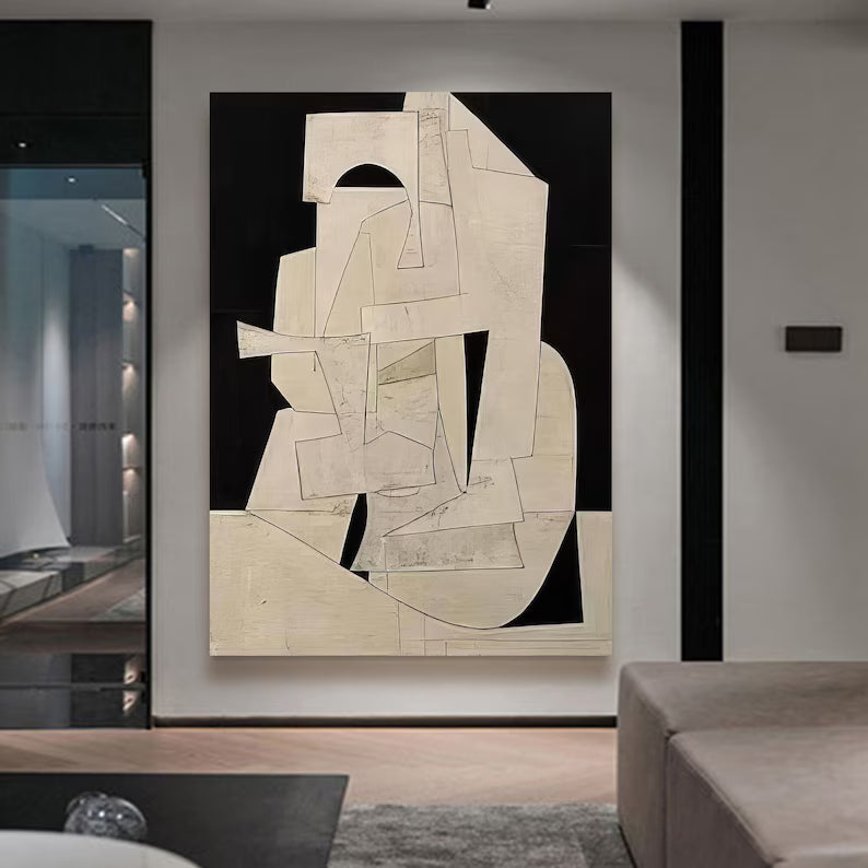 Abstract Cubist Wall Art – Beige Minimal Geometric Relief Painting#yy260623008
