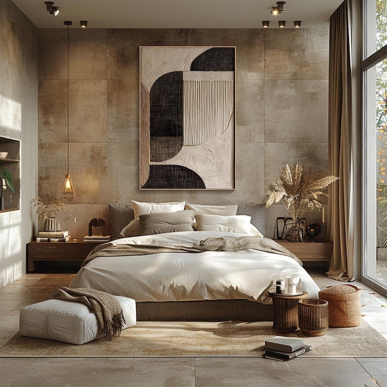 Abstract Geometric Wall Art – Black & Beige Minimal Textured Painting#yy260623010-2