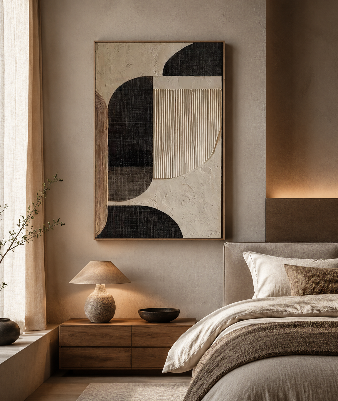 Abstract Geometric Wall Art – Black & Beige Minimal Textured Painting#yy260623010-2