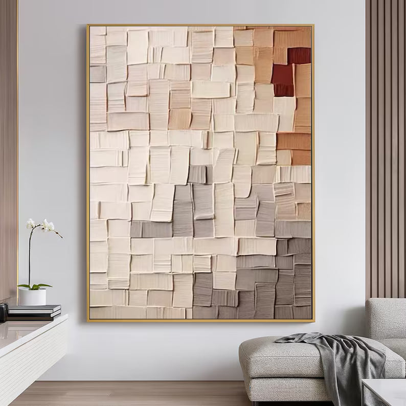 Abstract Textured Wall Art – Beige Geometric Relief Painting#yy260623012