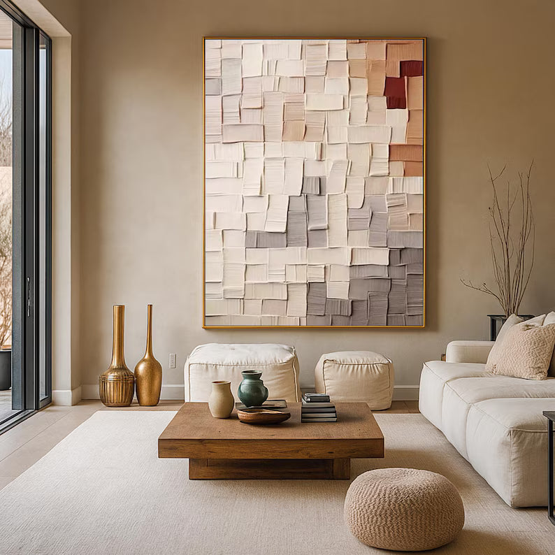 Abstract Textured Wall Art – Beige Geometric Relief Painting#yy260623012