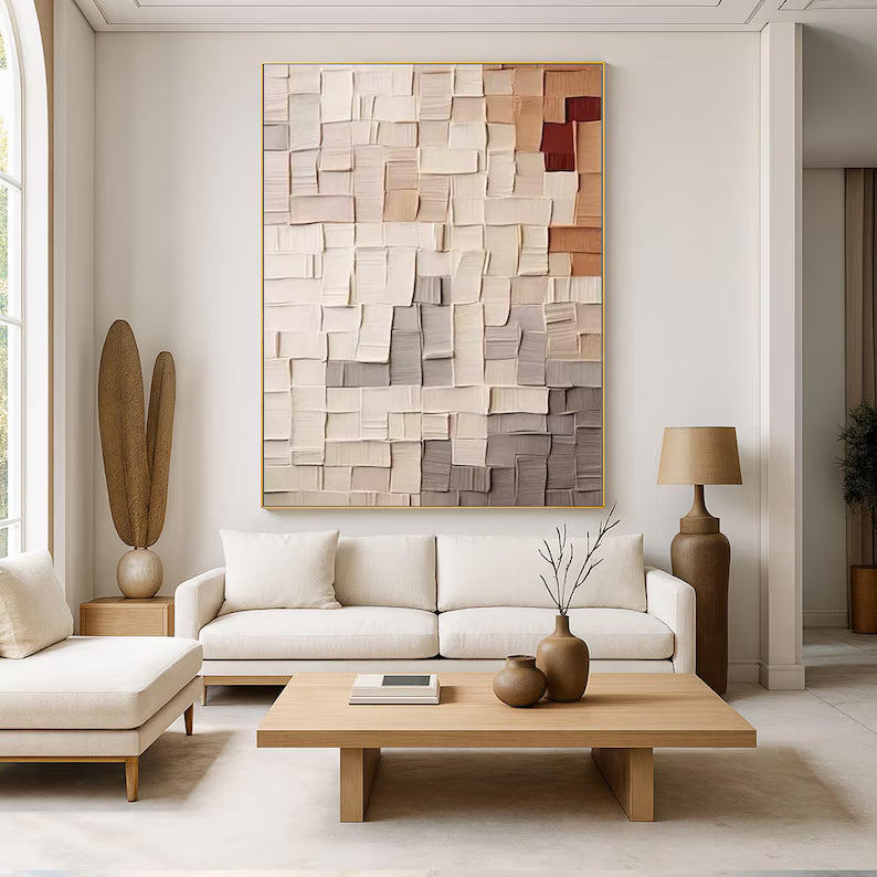 Abstract Textured Wall Art – Beige Geometric Relief Painting#yy260623012