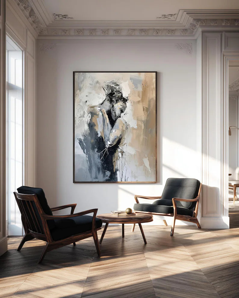 Abstract Figurative Wall Art – Black White Minimal Portrait Painting#yy260623014
