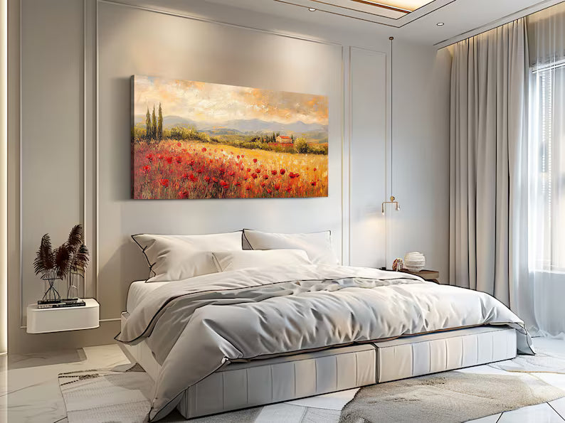 Poppy Field Wall Art – Tuscan Countryside Landscape Painting#yy260623019