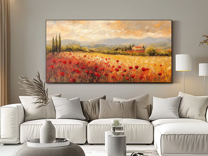 Poppy Field Wall Art – Tuscan Countryside Landscape Painting#yy260623019