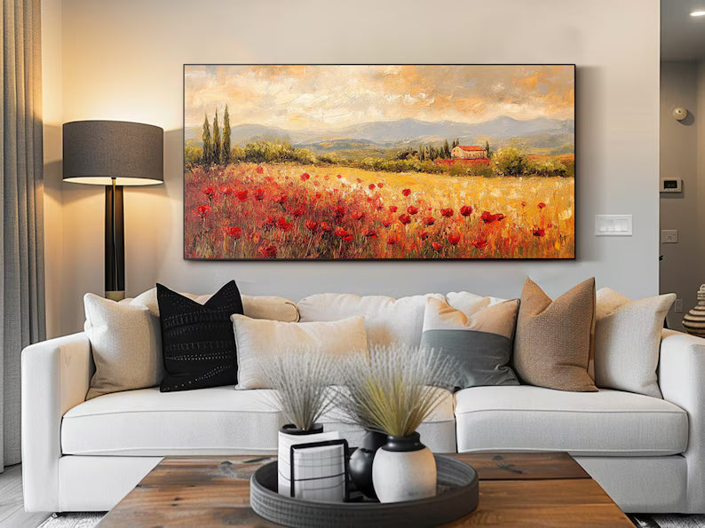Poppy Field Wall Art – Tuscan Countryside Landscape Painting#yy260623019