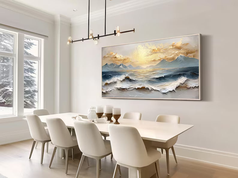 Luxury Ocean Mountain Wall Art – Gold Cloud Seascape Painting#yy260623022
