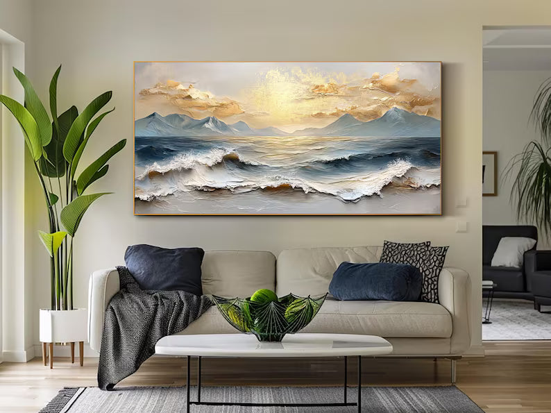 Luxury Ocean Mountain Wall Art – Gold Cloud Seascape Painting#yy260623022
