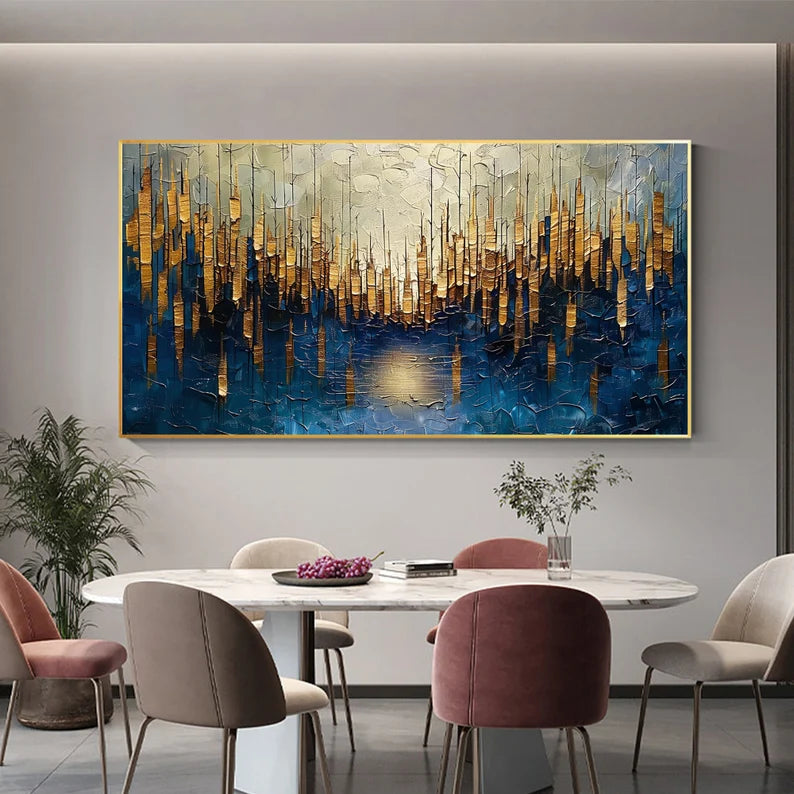 Abstract Cityscape Wall Art – Golden Skyline Reflection Painting#yy260623033