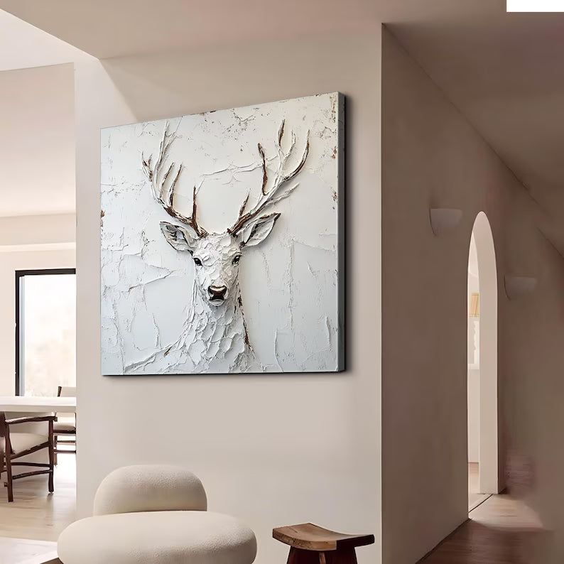 Abstract Deer Wall Art – Textured White Stag Sculpture Painting#yy260623036